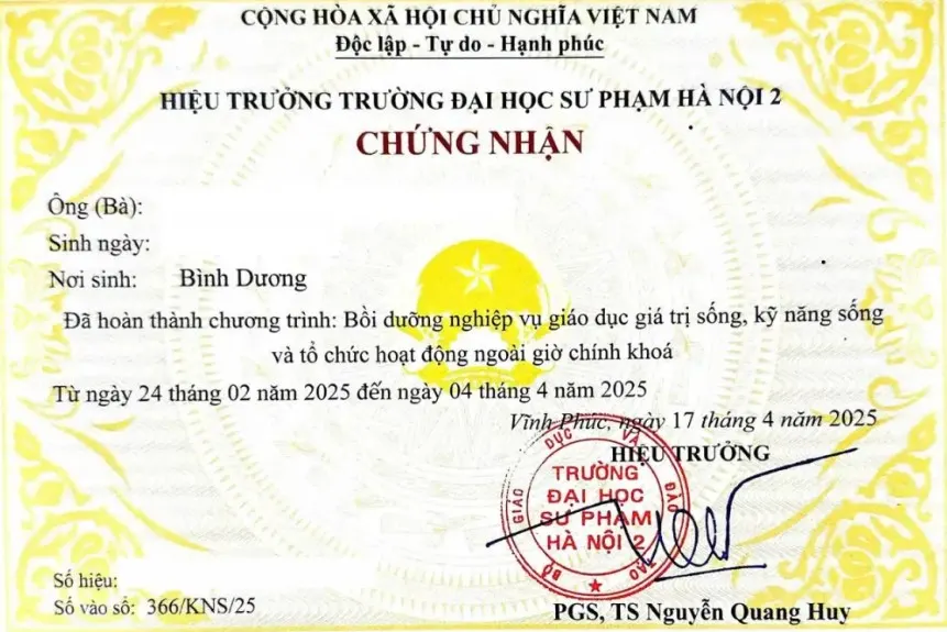 Chứng nhận hoàn thành khóa Phương pháp giảng dạy KNS